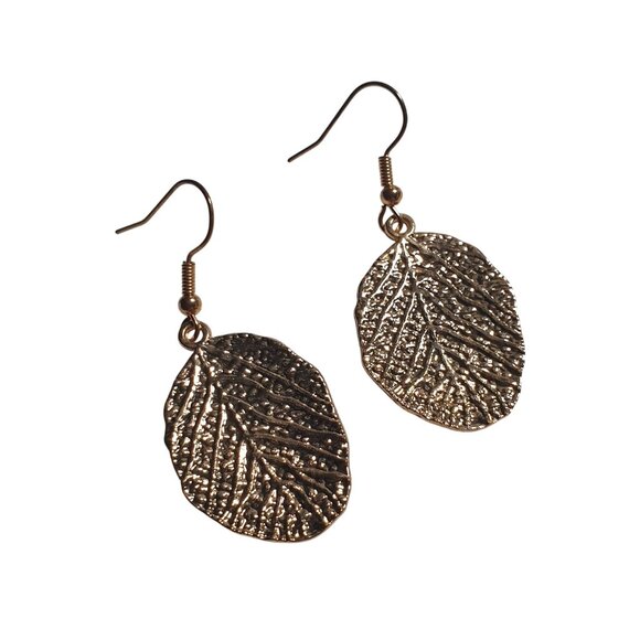 Gold Tone Textured Leaf Dangle Earrings Classic Elegant Design Hook Lightweight - Picture 2 of 5
